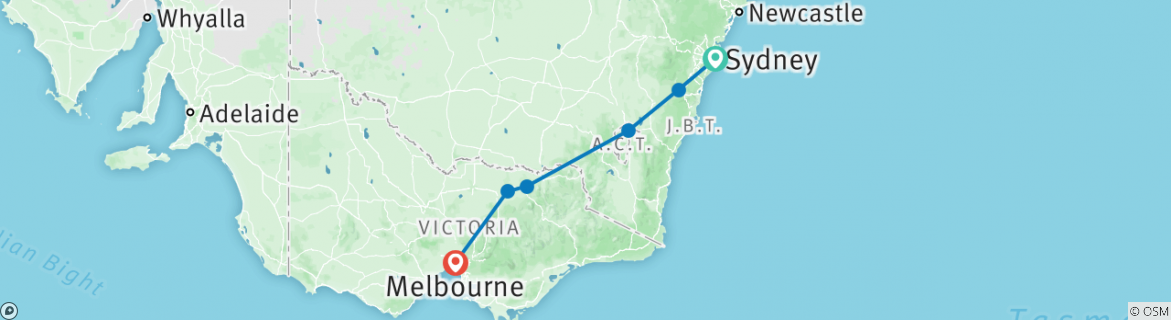 Image of a map showing the route of the tour