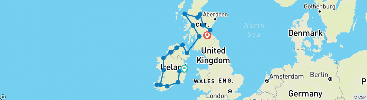 Image of a map showing the route of the tour
