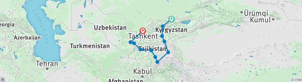 Image of a map showing the route of the tour