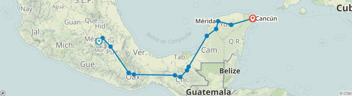 Image of a map showing the route of the tour