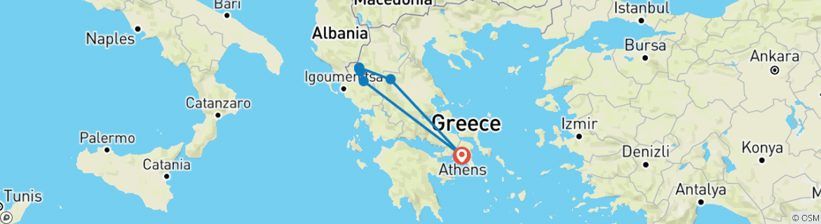 Image of a map showing the route of the tour
