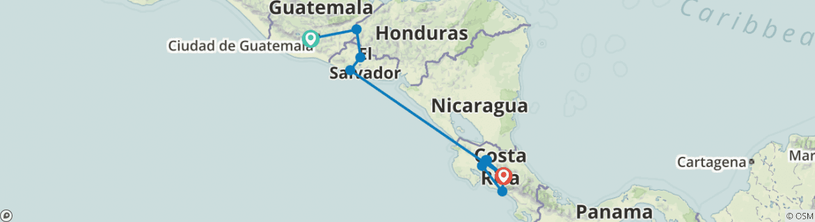 Image of a map showing the route of the tour