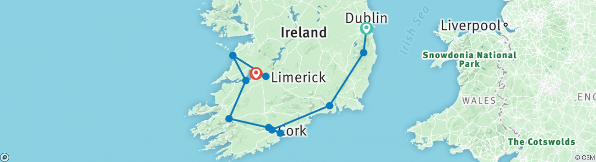 Image of a map showing the route of the tour