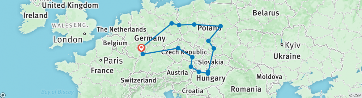 Image of a map showing the route of the tour