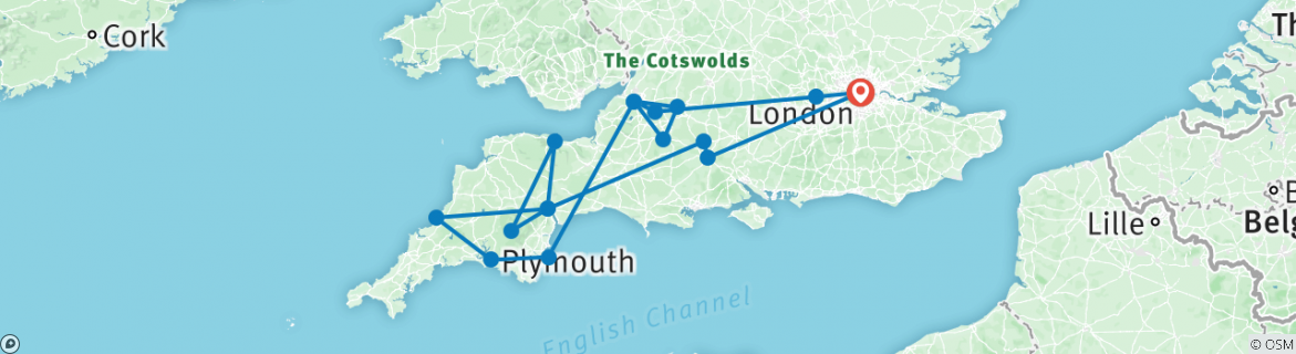 Image of a map showing the route of the tour