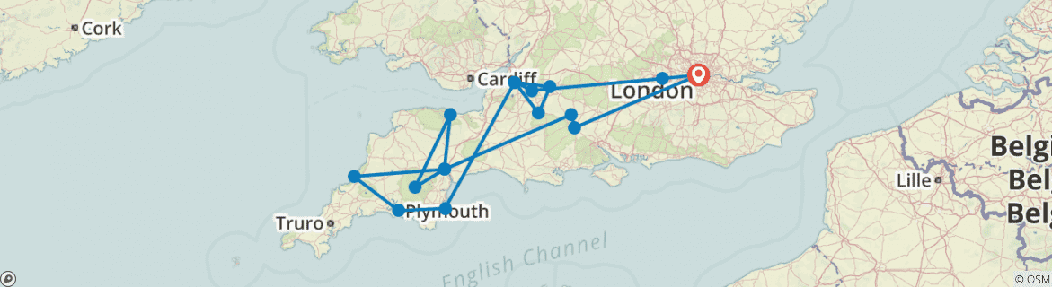 Image of a map showing the route of the tour