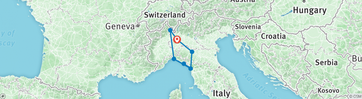 Image of a map showing the route of the tour