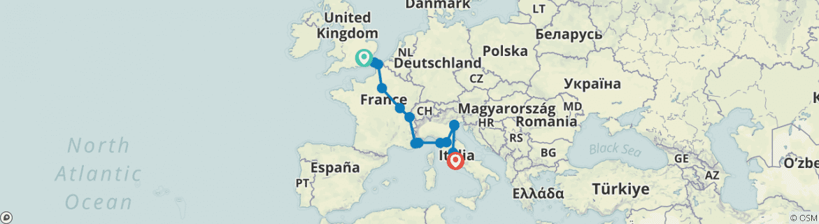 Image of a map showing the route of the tour