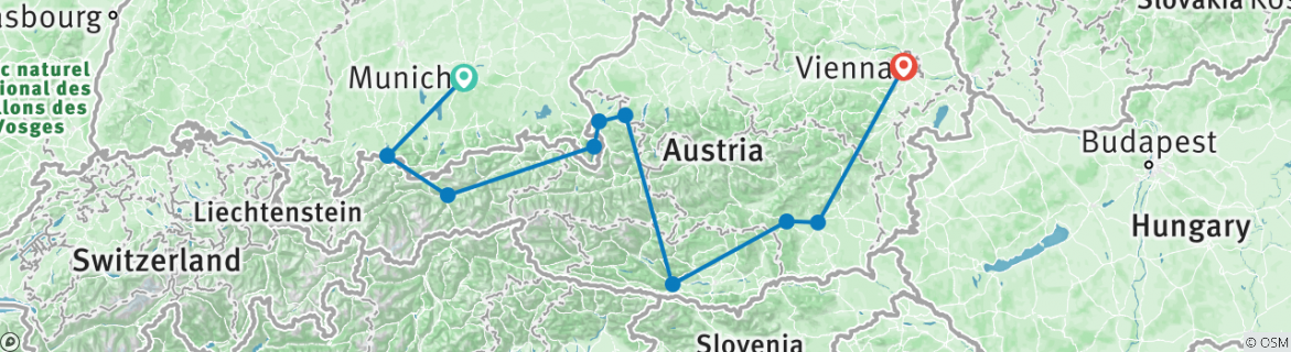 Image of a map showing the route of the tour