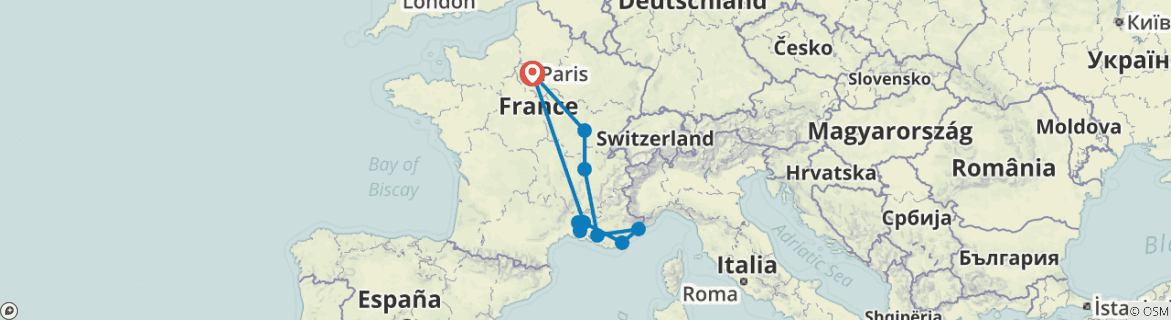Image of a map showing the route of the tour