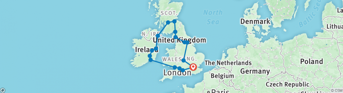 Image of a map showing the route of the tour