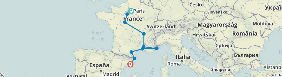 Image of a map showing the route of the tour