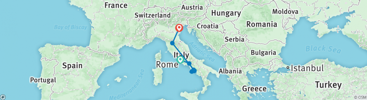Image of a map showing the route of the tour