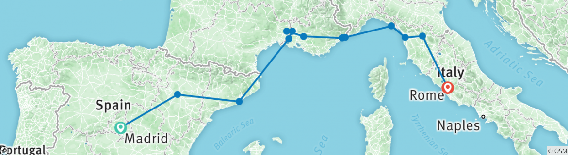 Image of a map showing the route of the tour