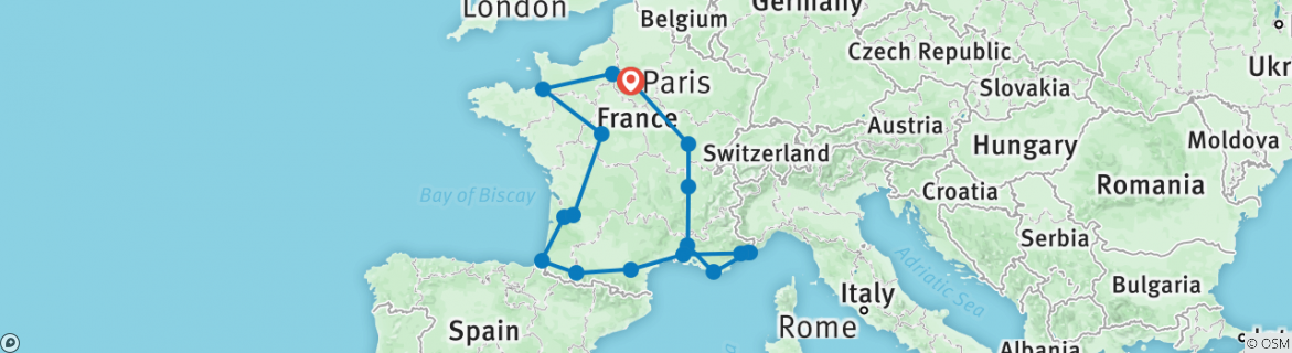 Image of a map showing the route of the tour