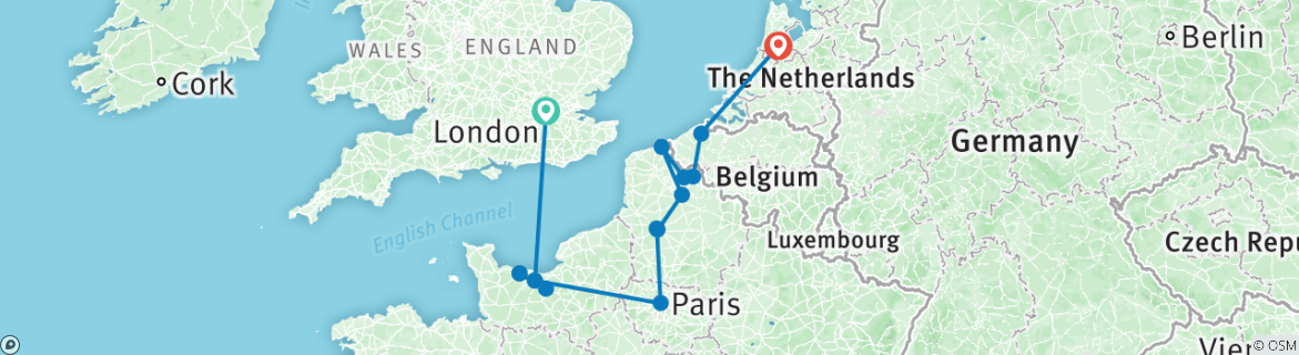 Image of a map showing the route of the tour