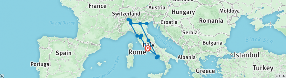 Image of a map showing the route of the tour