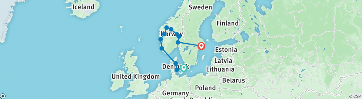 Image of a map showing the route of the tour