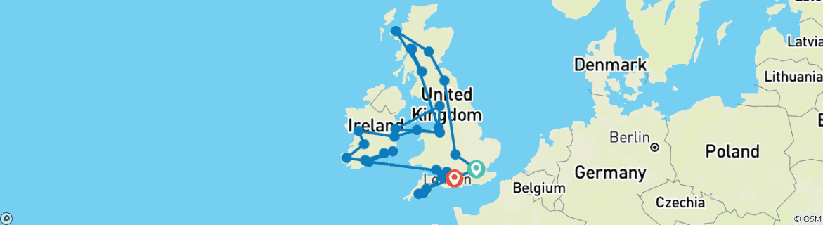 Image of a map showing the route of the tour