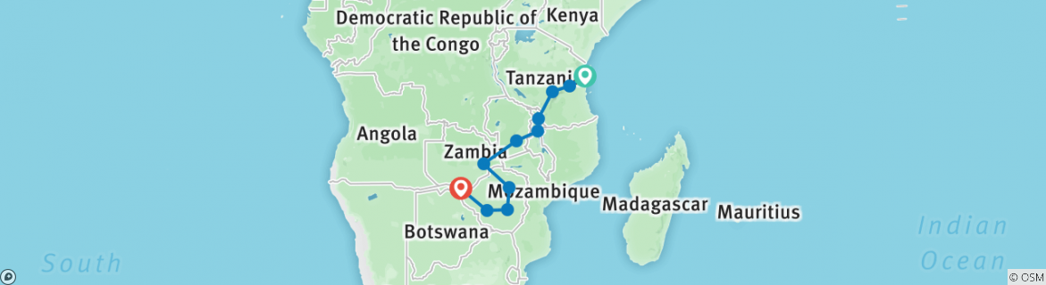 Image of a map showing the route of the tour