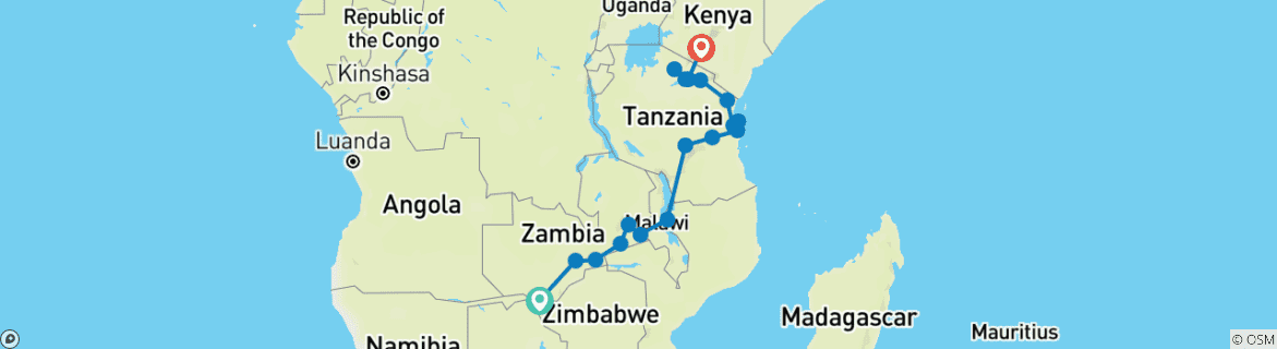 Karte von Von Victoria Falls nach Kenia