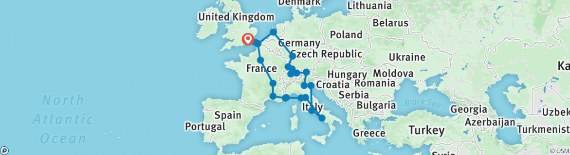 Image of a map showing the route of the tour