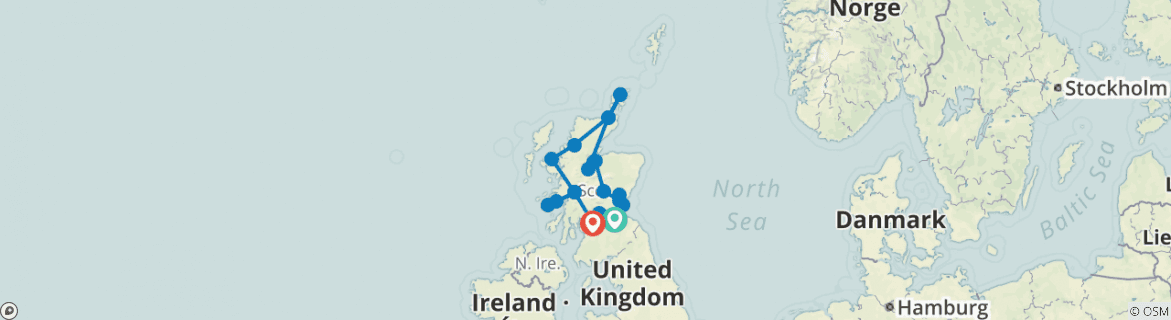 Image of a map showing the route of the tour