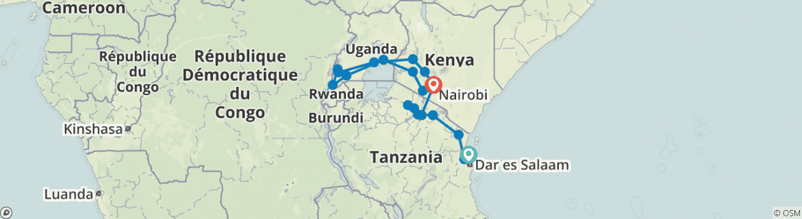 Image of a map showing the route of the tour