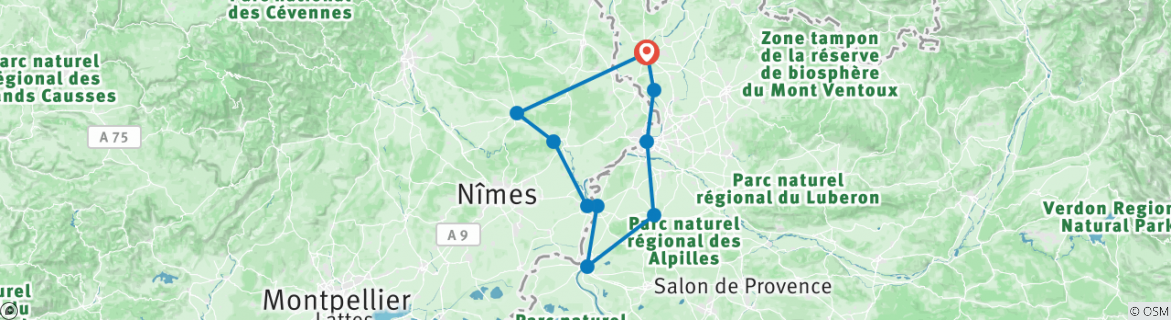 Image of a map showing the route of the tour