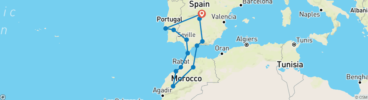 Image of a map showing the route of the tour