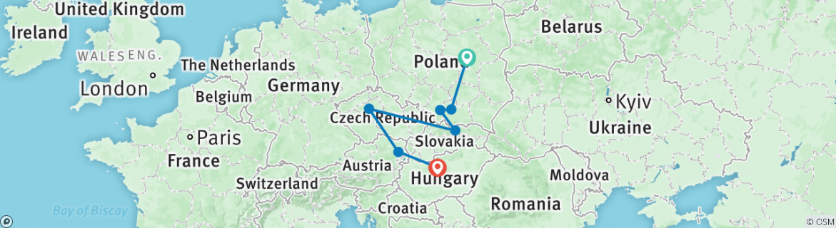 Image of a map showing the route of the tour