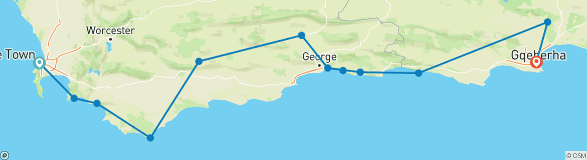 Image of a map showing the route of the tour