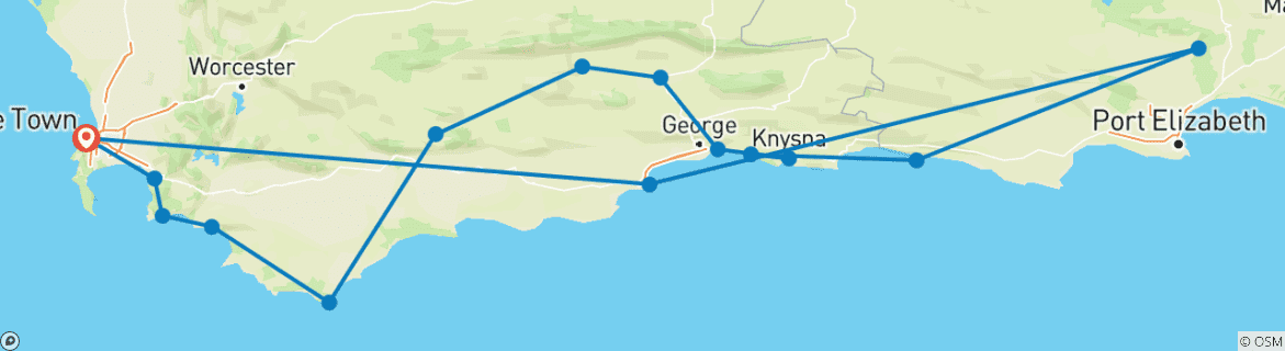 Image of a map showing the route of the tour