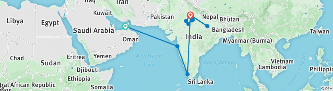 Image of a map showing the route of the tour