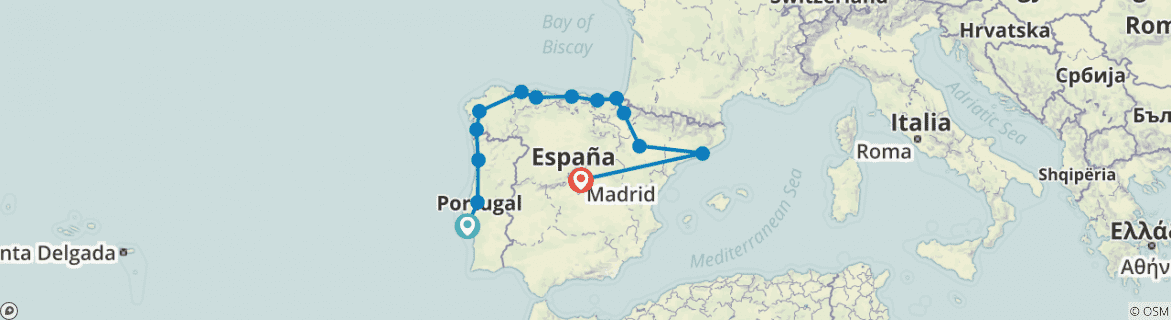 Image of a map showing the route of the tour