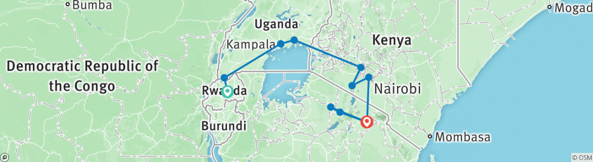 Image of a map showing the route of the tour