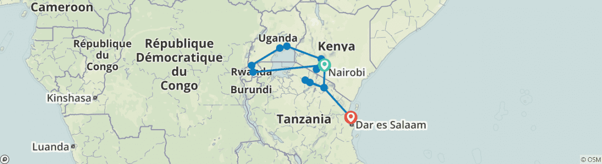 Image of a map showing the route of the tour