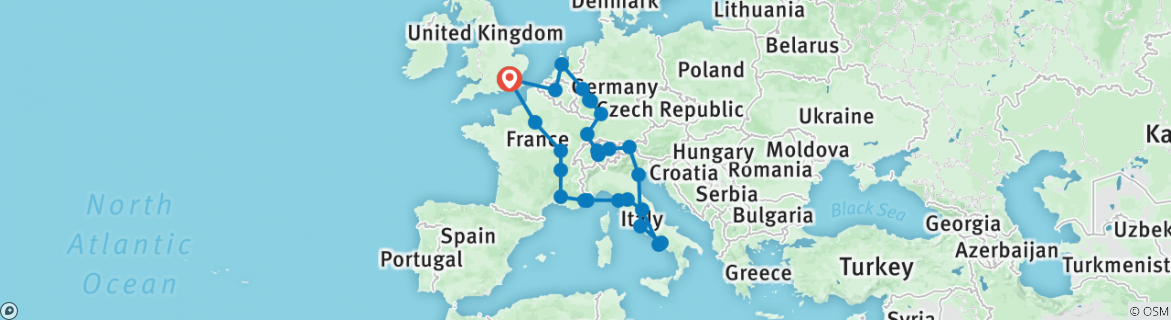 Image of a map showing the route of the tour