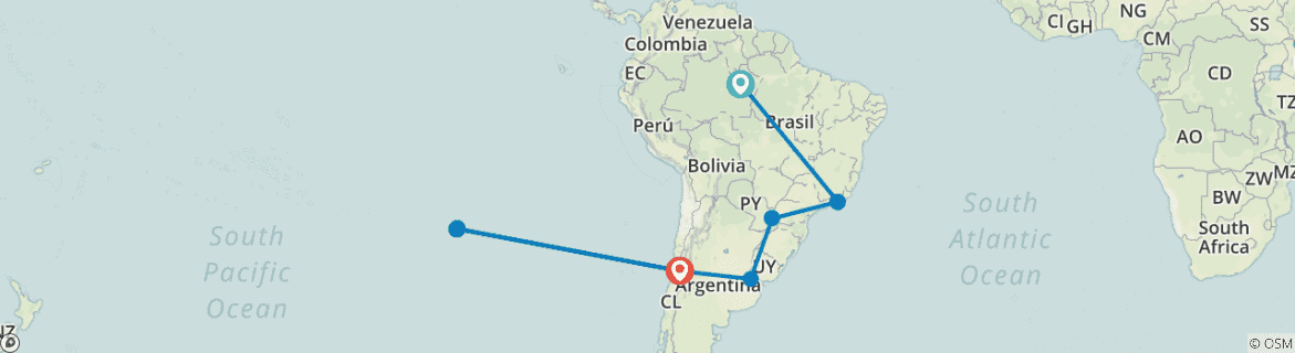 Image of a map showing the route of the tour