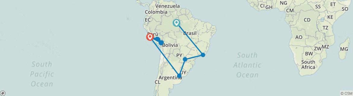 Image of a map showing the route of the tour