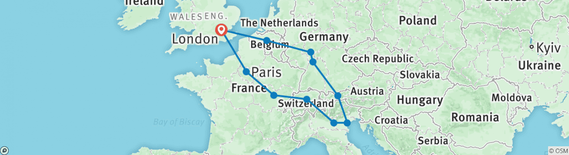 Image of a map showing the route of the tour