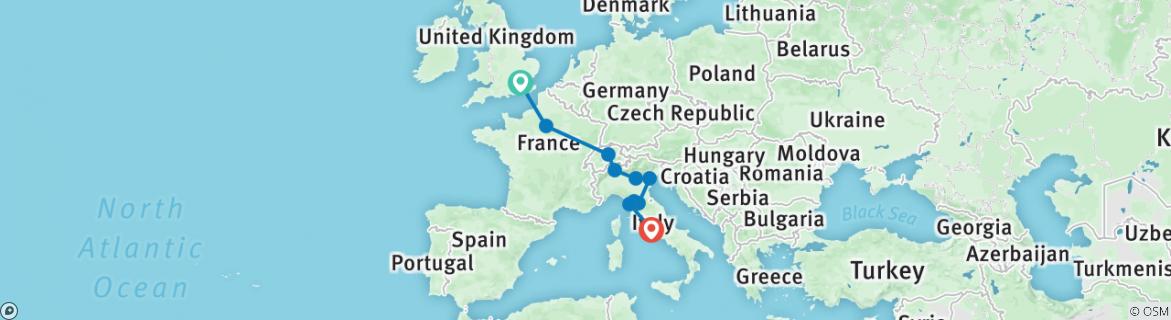 Image of a map showing the route of the tour