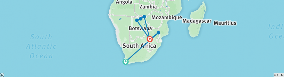 Image of a map showing the route of the tour