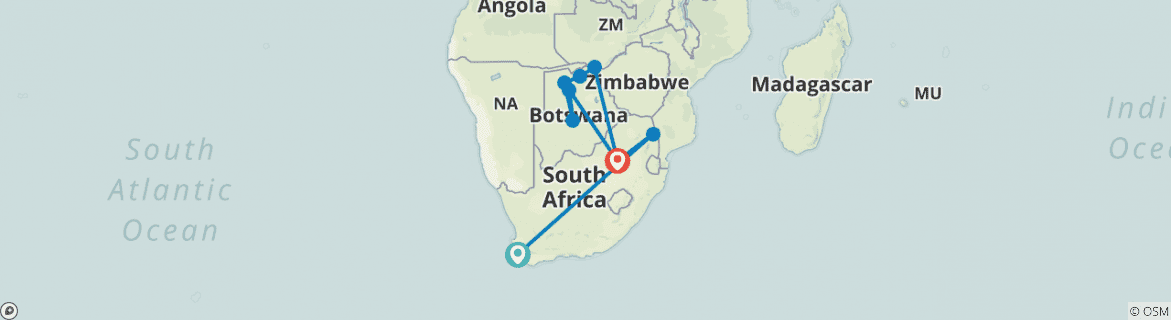 Image of a map showing the route of the tour