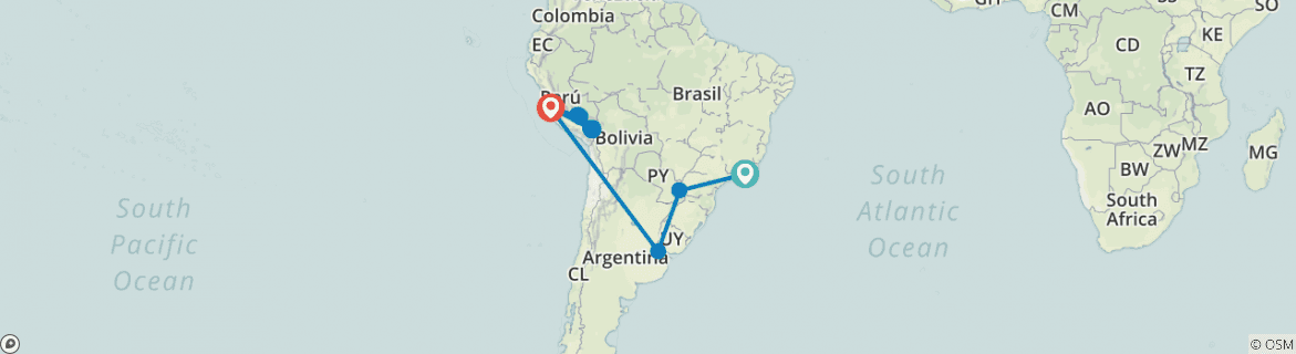 Image of a map showing the route of the tour