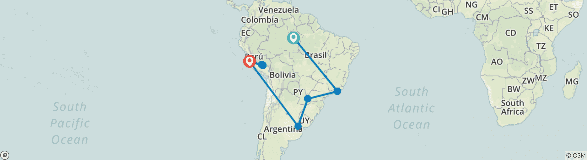 Image of a map showing the route of the tour