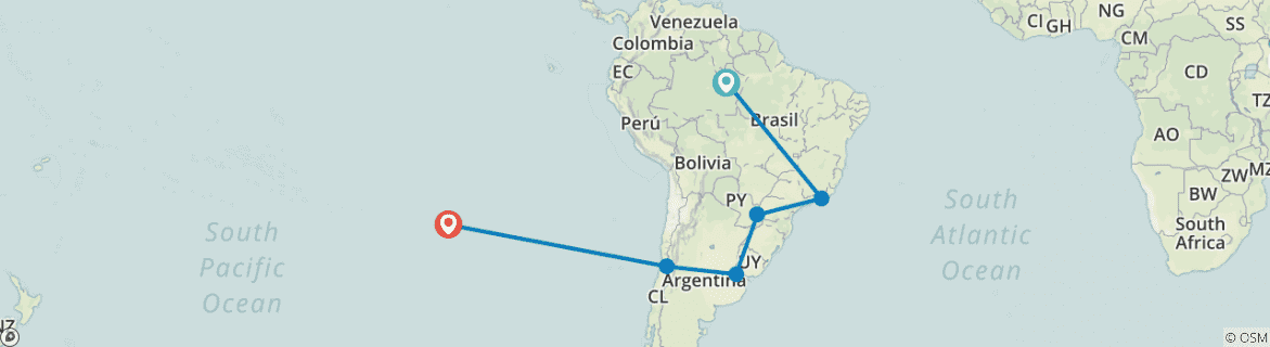Image of a map showing the route of the tour