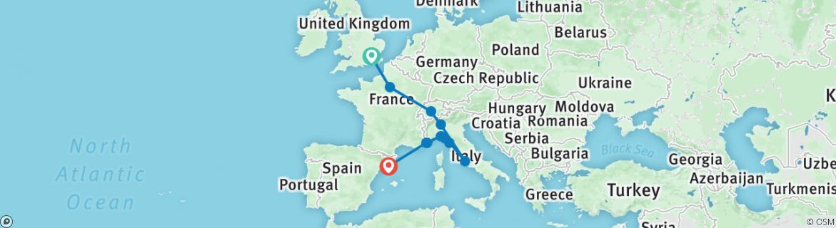 Image of a map showing the route of the tour