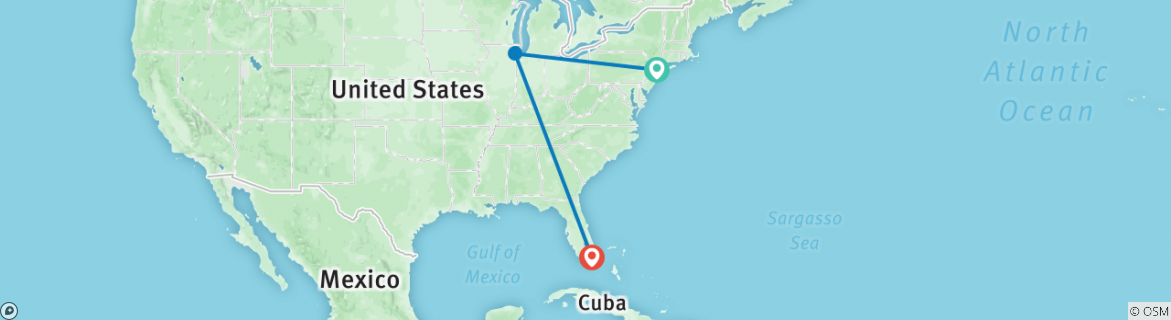 Image of a map showing the route of the tour