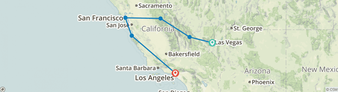 Image of a map showing the route of the tour